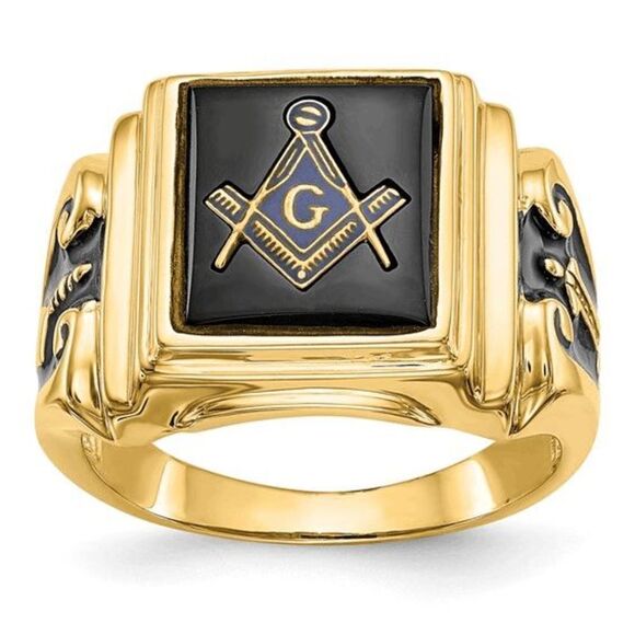 New 10k Men's Polished and Textured with Black Enamel and Onyx Masonic Ring - Picture 1 of 15